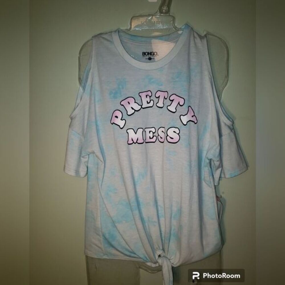 Bongo Pretty Mess Tie‑Dye Top Junior Large White‎ Blue Cold SHLD Casual Tee NWT